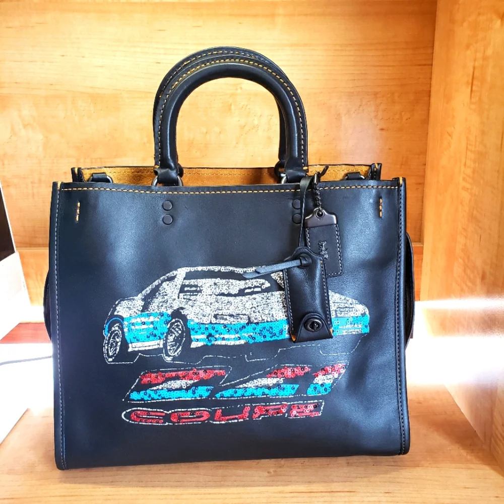 Coach Rogue Glovetanned Leather W/Car Embellishment Black Handbag (F58151) - Picture 1 of 16